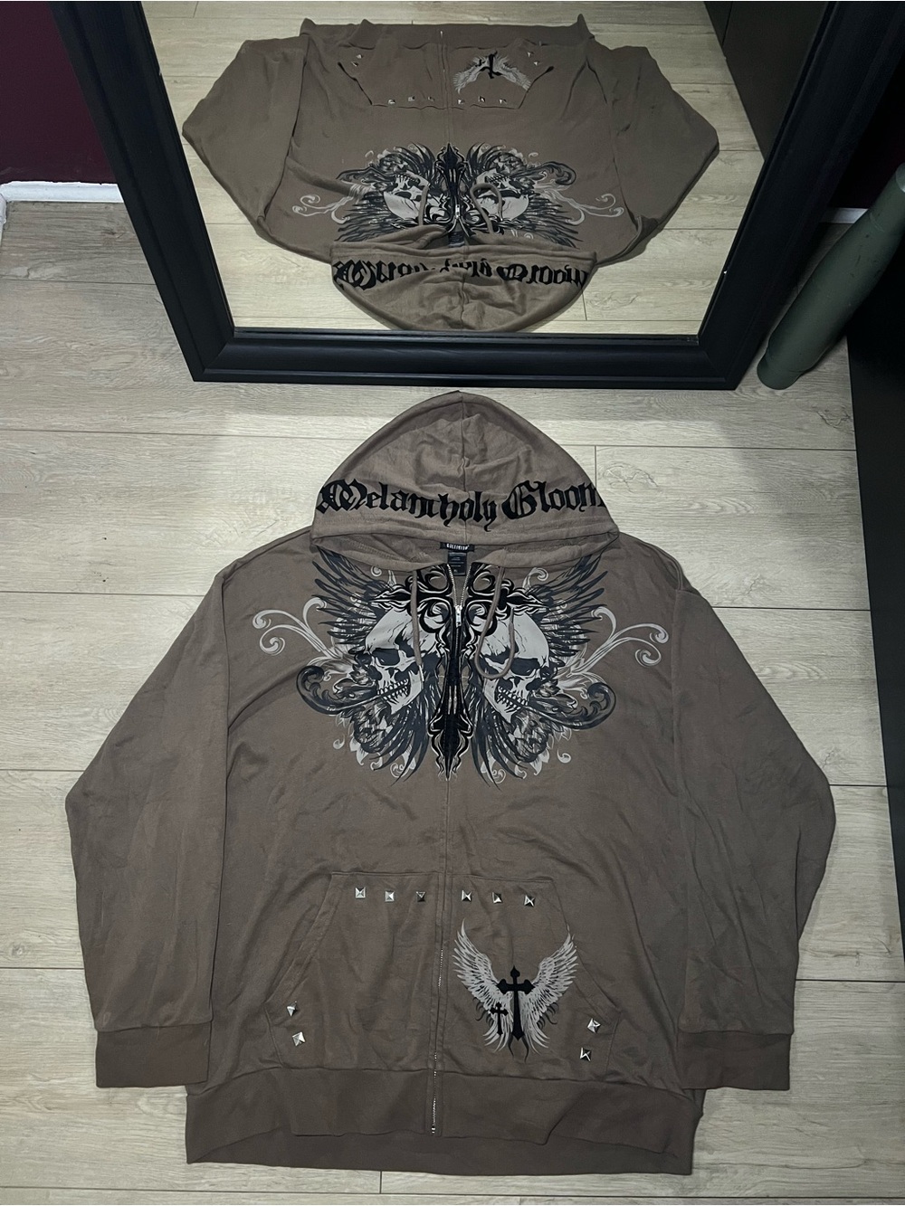 Y2K 2000s Social Collision Embroidered Skull & Cross Studded Zip Up Hoodie